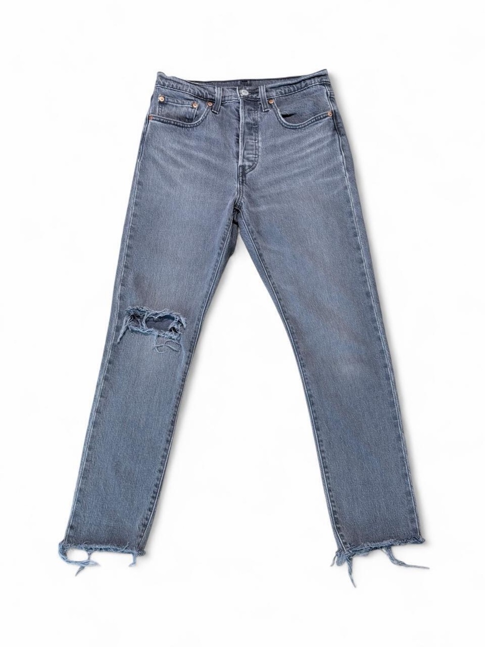 W26 Levi's 501 Skinny High Rise Gray Wash Distressed Jeans Custom Cut Inseam 26"